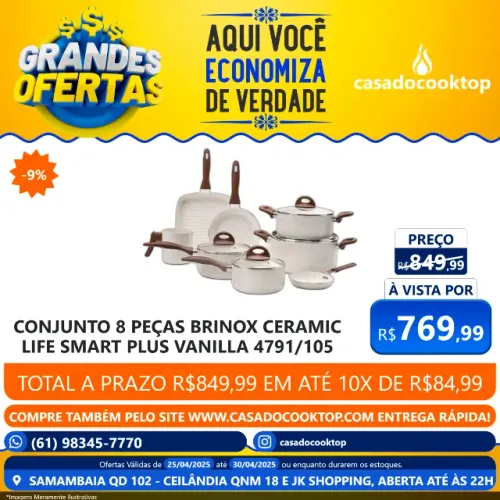 JOGO PANELA BRINOX 8 PECAS CERAMIC LIFE SMART PLUS VANILLA 4791/105