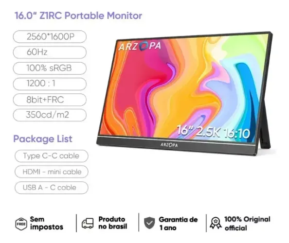 Monitor Arzopa Z1rc 16 Portátil 2.5k Qhd