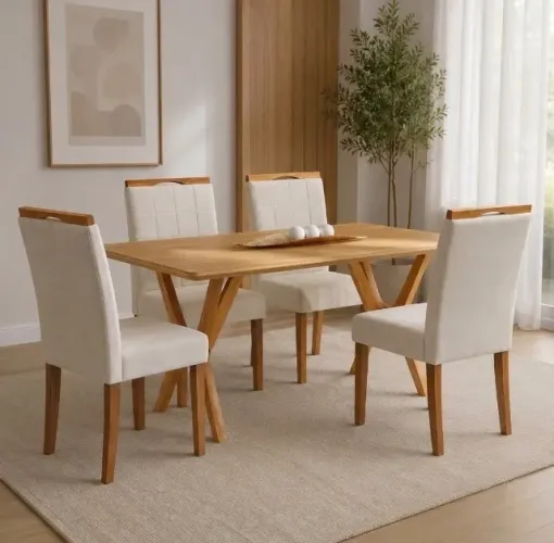 Conjunto de Jantar Verona Cinamomo com 4 Cadeiras Veludo Bege