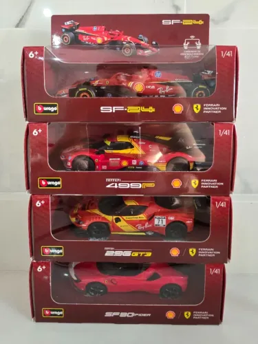 COLEÇÃO CARRINHOS MINIATURAS FERRARI SHELL CONTROLE REMOTO BBURAGO 1/41 LENDAS LACRADOS