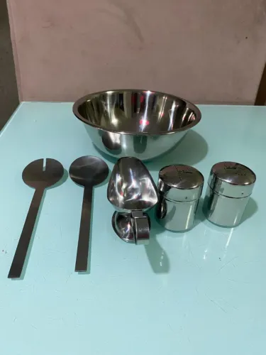 Conjunto de Mesa Inox 6 Peças Nova com Molheira e Saleiro
