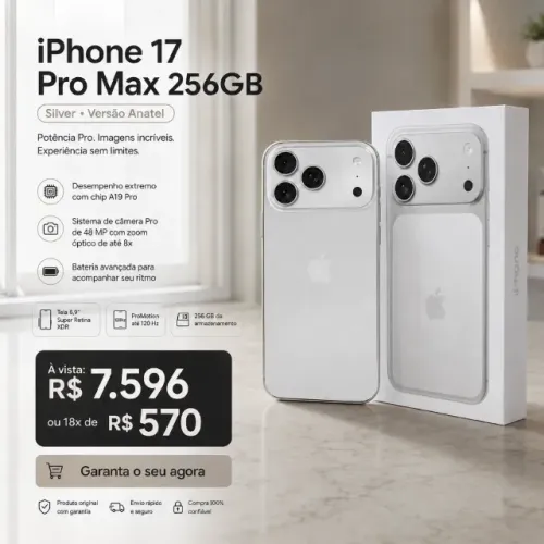 iPhone 17 Pro Max 256gb Silver-Versão Anatel-Garantia de 1 Ano-Em até 18x 570,0