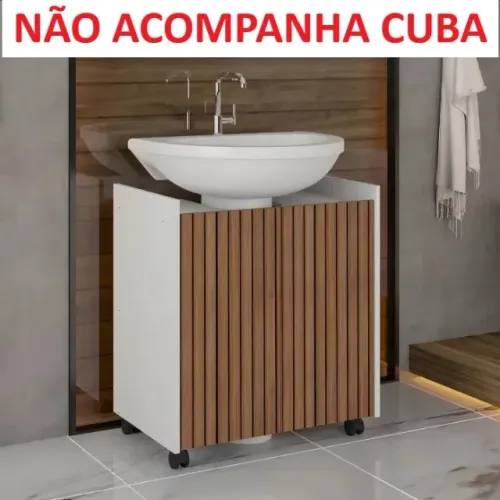 Balcão Banheiro p/ Pia de Coluna com Rodízios 55cm Branco Ripado