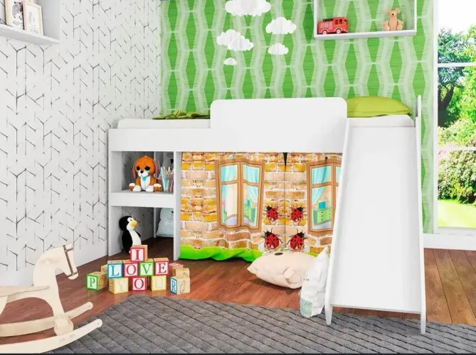 Cama infantil com escorregador e cortina Playground Branco