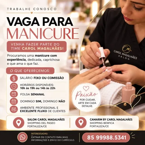 Vaga para manicure c/Fixo ou comissão
