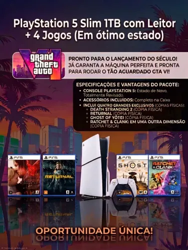 PlayStation 5 Slim 1TB com Leitor + 4 Jogos (Estado de Novo na Caixa)