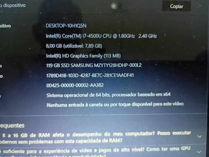 Notebook Lenovo I7 4 geração ssd 125 GB 8 de RAM