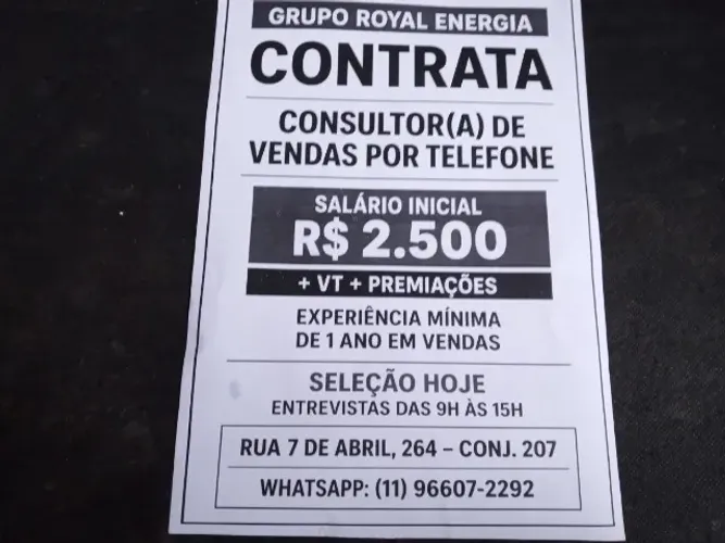 GRUPO ROYAL ENERGIA- Contrata consultor(a) de venda por telefone.