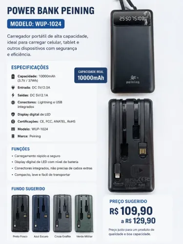 Carregador Portátil 10.000mAh Peining - Carregamento Rápido