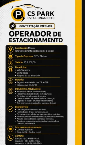Vaga de operador de estacionamento - Mooca