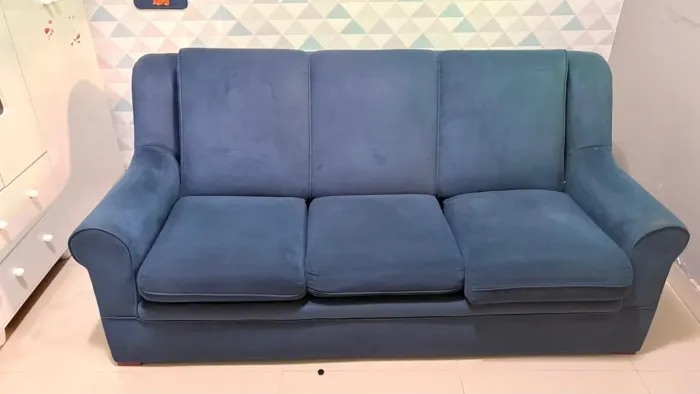  Sofá-Cama Articulado 3 Lugares Suede Azul - Excelente Estado!