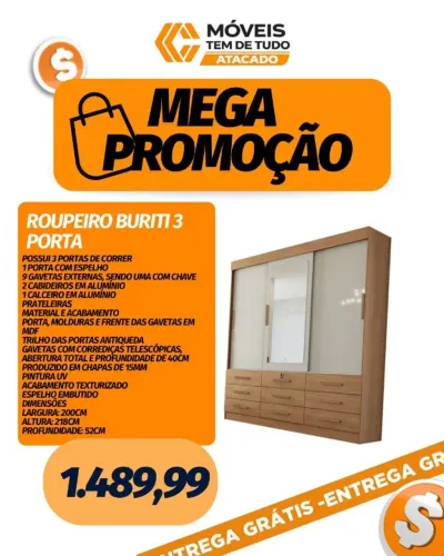 PROMOÇÃO ROUPEIRO BURITI 3 PORTA