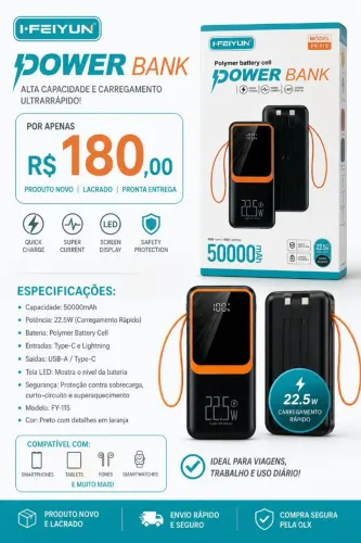 Power Bank I-FEIYUN Modelo FY-115 50.000mAh 22.5W - Novo e Lacrado