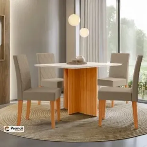 Mesa Helo 90X90 C/Vidro 04 Cadeira Freijo/Off/Bege Poliman Imagens Ilustrativas