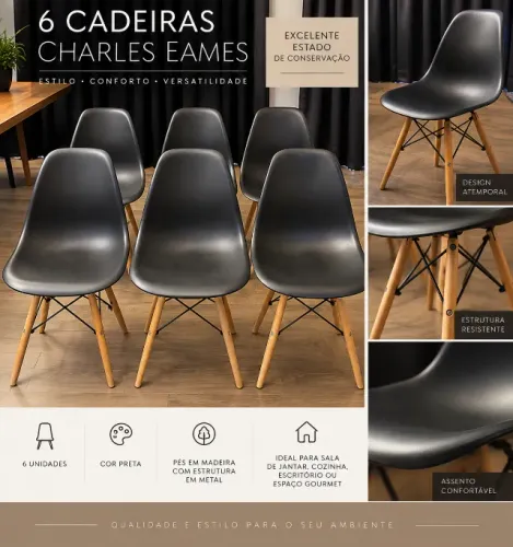 Kit 6 Cadeiras Eames Eiffel Pretas