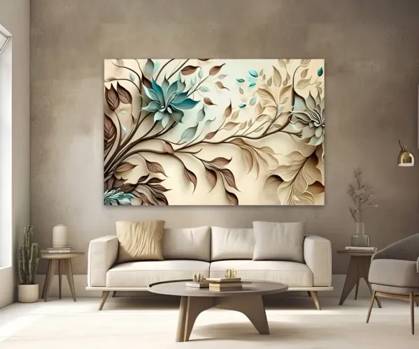 Quadro Floral Bege Marrom Verde 100x70 Decorativo Sala Canvas