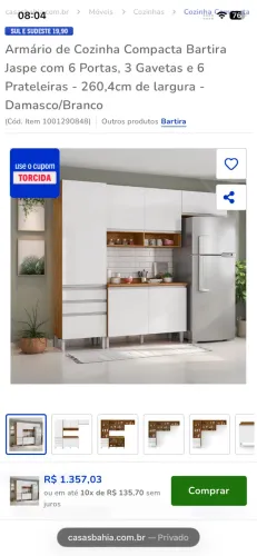 Armário cozinha compacta bartira jaspe 4peças, damasco/branco 260,4cm