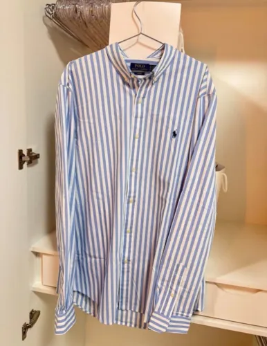 camisa ralph lauren listrada azul tam g