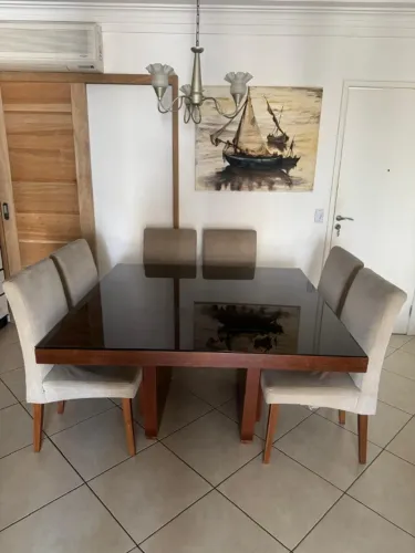Conjunto Mesa de Jantar Quadrada Madeira/Vidro + 6 Cadeiras Estofadas