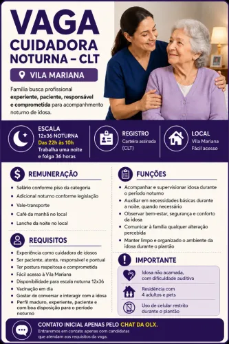 Vaga para Cuidadora Noturna CLT - Escala 12x36 - 22h às 10h - Vila Mariana