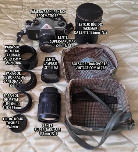 Kit Analógico: Pentax Spotmatic SP + 3 Lentes e Acessórios