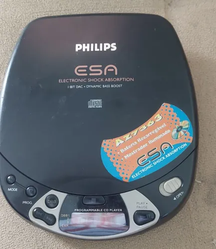 Discman Philips ESA AZ7363 toca CD portátil antigo antiguidade decoração restauração raro