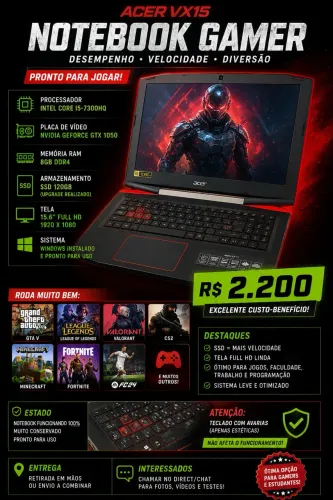 NOTEBOOK GAMER ACER VX15 | GTX 1050 | SSD | FULL HD 