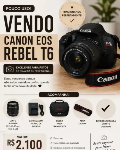 Câmera Canon EOS Rebel T6 + Lente 18-55mm + Bolsa e Acessórios