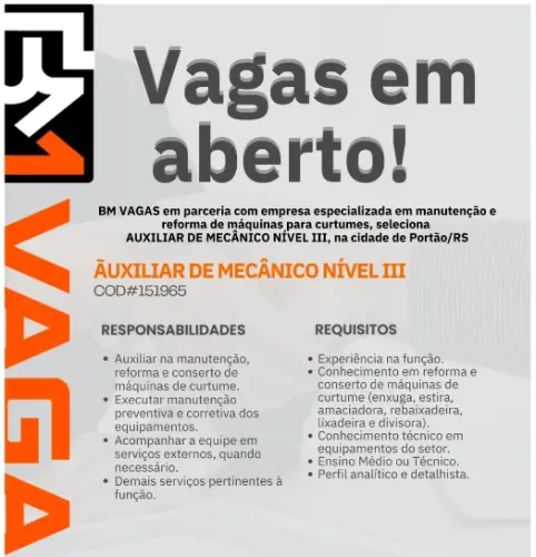 AUX. MECÂNICO INDUSTRIAL NIVEL III - PORTÃO RS