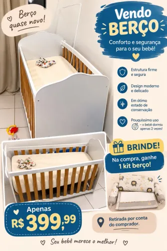 Berço de madeira de 899,99 por 399,99, ganhe um kit berço