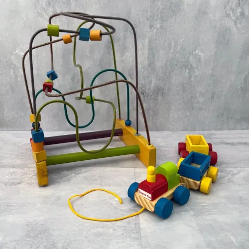Brinquedo montessori educativo de madeira trenzinho wood toys montanha russa aramado bebê