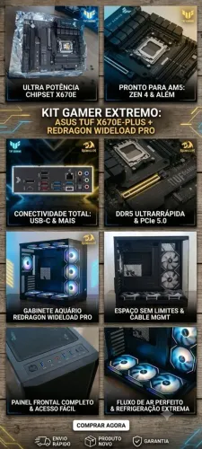 Placa-Mãe Asus TUF X670E AM5 + Gabinete Vidro Temperado c/ Fans