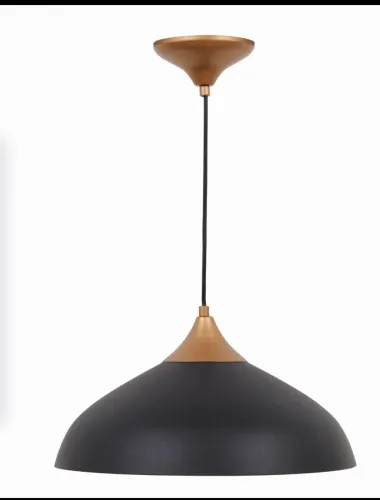 Luminária Pendente de Metal Preta - Design Moderno com Detalhe em Madeira