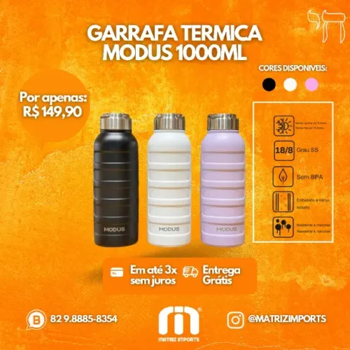 Garrafa Térmica Modus inox 304 1000ML - Ideal para Bebidas Quentes e Frias!