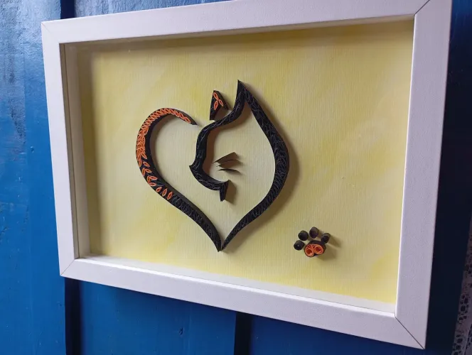 Quadro Decorativo de Quilling - Gato com Coração
