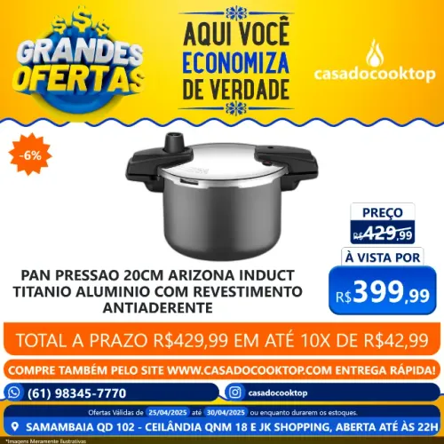 PANELA DE PRESSAO 20CM ARIZONA INDUCT TITANIO - ALUMINIO COM REVESTIMENTO ANTIADERENTE