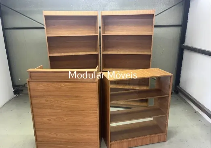 Balcão Caixa + Balcão Vitrine + 2 Estantes Prateleiras - MDF Amadeirado