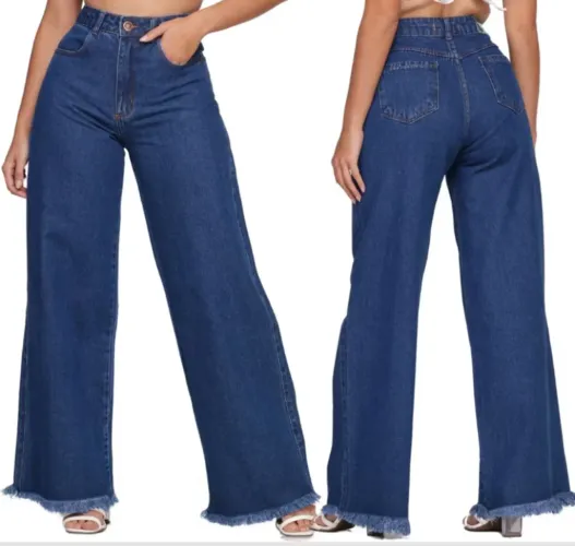 Calça Jeans Wide Leg com Detalhe de Franja
