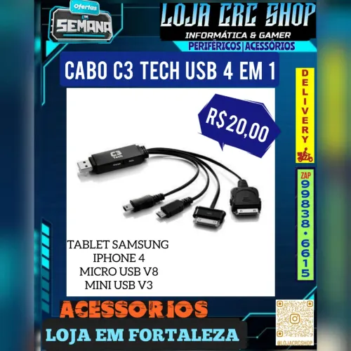 Cabo C3 Tech USB 4 em 1 para Tablet Samsung, iPhone, Micro USB e Mini USB