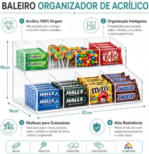 Expositor em acrílico 2 degraus com 8 divisórias
