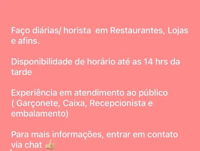 Faço diárias em Restaurantes, Loja etc