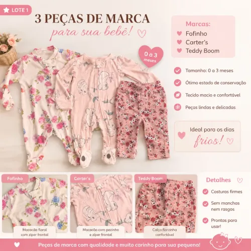 Lote 3 peças de marca para bebê 0 a 3 meses
