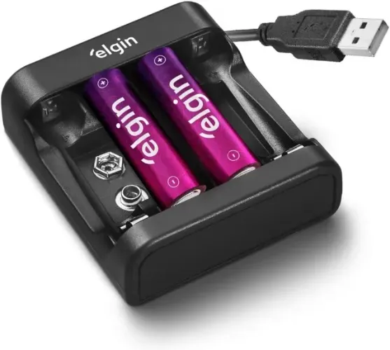 Carregador USB Elgin com 2 pilhas AA recarregáveis 1500 mAh