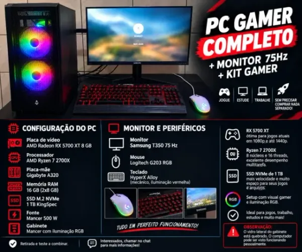 PC GAMER COMPLETO+MONITOR SAMGUNG 75Hz+KIT GAMER