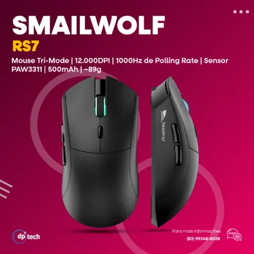 PROMOÇÃO!! Mouse Gamer Smailwolf RS7 Preto - Tri-Mode | 1000Hz | Sensor PAW3311