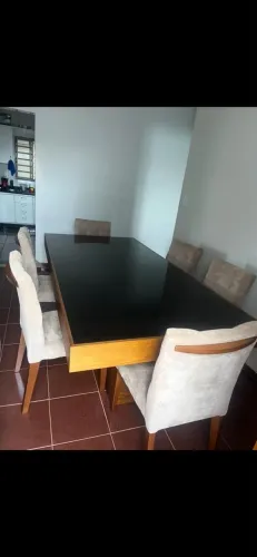 Mesa de Jantar 6 Lugares 2,20x1,00m com Tampa de Vidro e 6 Cadeiras