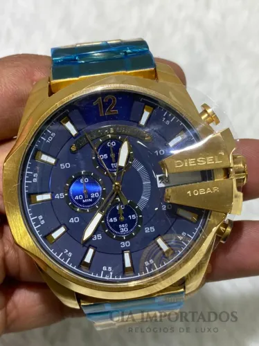 Relógio Diesel Mega Chief Dourado Azul Cx Original