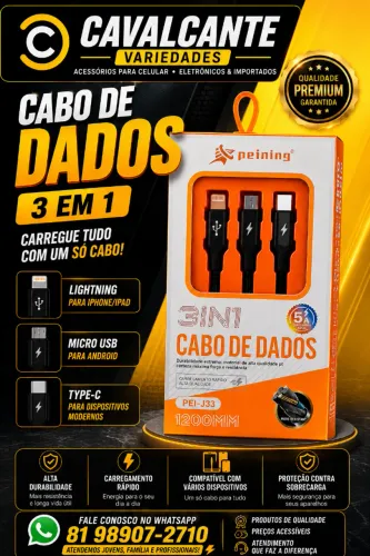 CABO 3 EM 1 SUPER RESISTENTE - CARREGUE IPHONE, ANDROID E TYPE-C COM UM ÚNICO CABO!