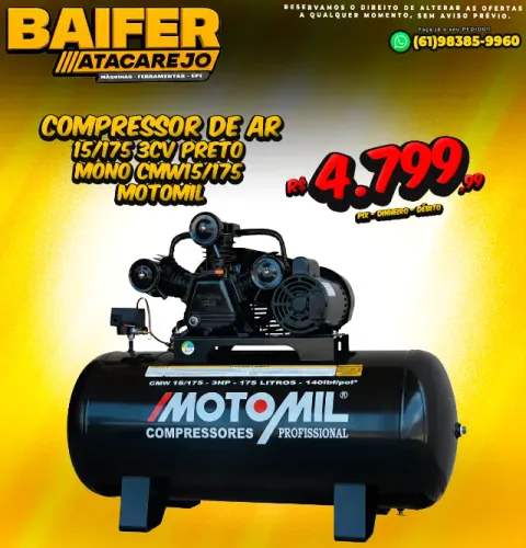 Compressor de Ar 15/175 3Cv Preto Mono Cmw15/175 Motomil