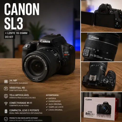 Canon SL3 + Lente 18-55mm do kit e acessórios originais na caixa.